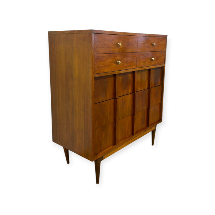 Vintage Mid-Century Modern Highboy Dresser Dovetailed Drawers Brass Finished Pulls.