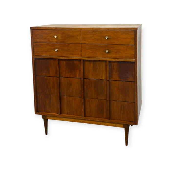 Vintage Mid-Century Modern Highboy Dresser Dovetailed Drawers Brass Finished Pulls.
