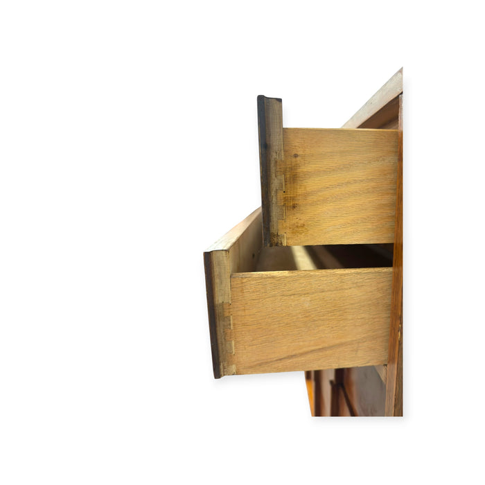 Vintage Mid-Century Modern Highboy Dresser Dovetailed Drawers Brass Finished Pulls.