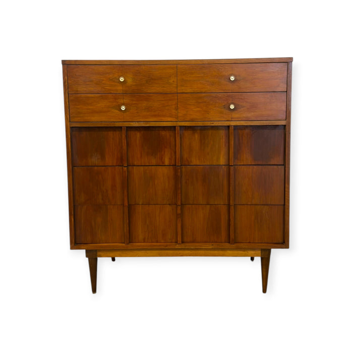 Vintage Mid-Century Modern Highboy Dresser Dovetailed Drawers Brass Finished Pulls.