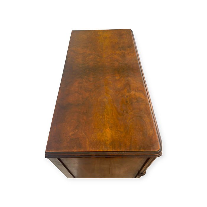 Vintage Traditional Burl Wood Tallboy Dresser with Floral Inlay and Pattern-Lined Drawers.(Available by online purchase only)