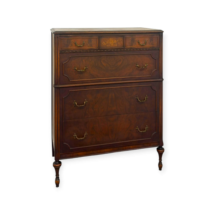 Vintage Traditional Burl Wood Tallboy Dresser with Floral Inlay and Pattern-Lined Drawers.(Available by online purchase only)