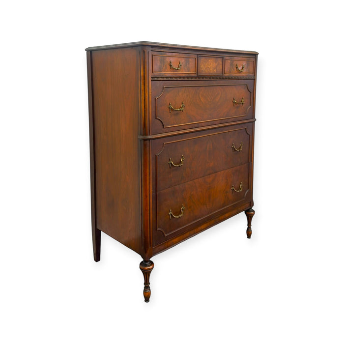 Vintage Traditional Burl Wood Tallboy Dresser with Floral Inlay and Pattern-Lined Drawers.(Available by online purchase only)