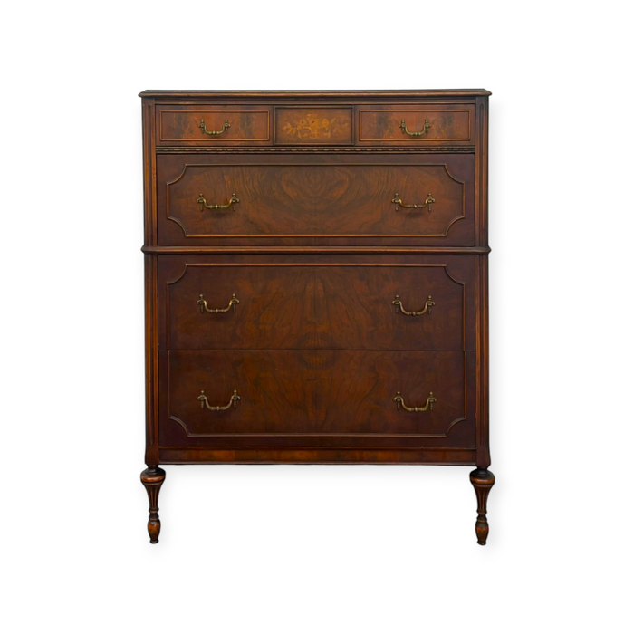 Vintage Traditional Burl Wood Tallboy Dresser with Floral Inlay and Pattern-Lined Drawers.(Available by online purchase only)