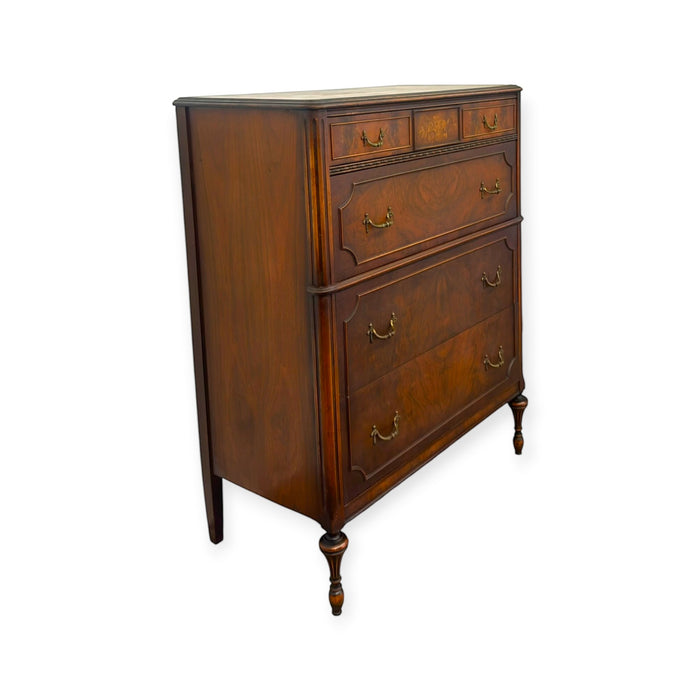 Vintage Traditional Burl Wood Tallboy Dresser with Floral Inlay and Pattern-Lined Drawers.(Available by online purchase only)
