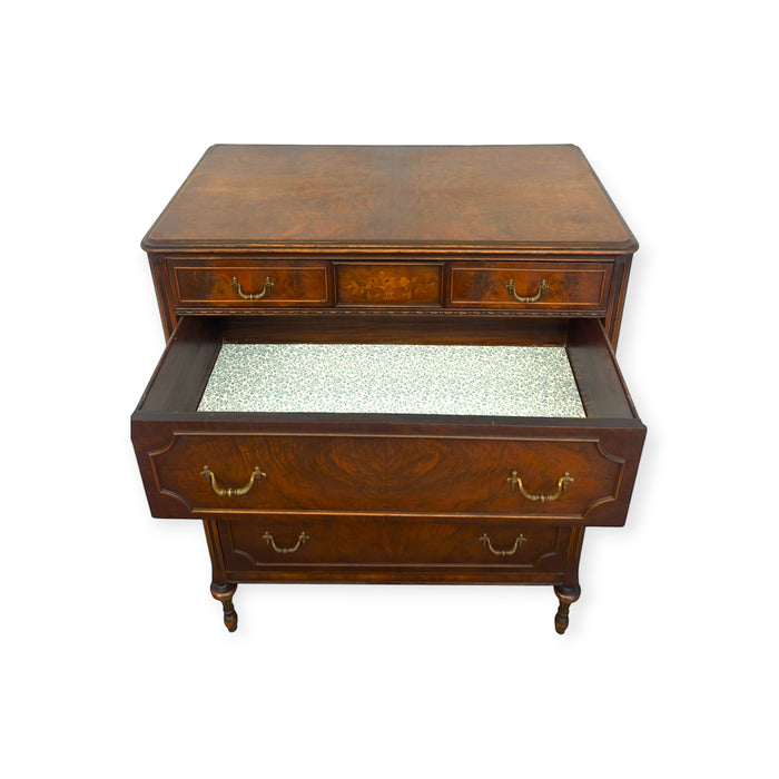 Vintage Traditional Burl Wood Tallboy Dresser with Floral Inlay and Pattern-Lined Drawers.(Available by online purchase only)