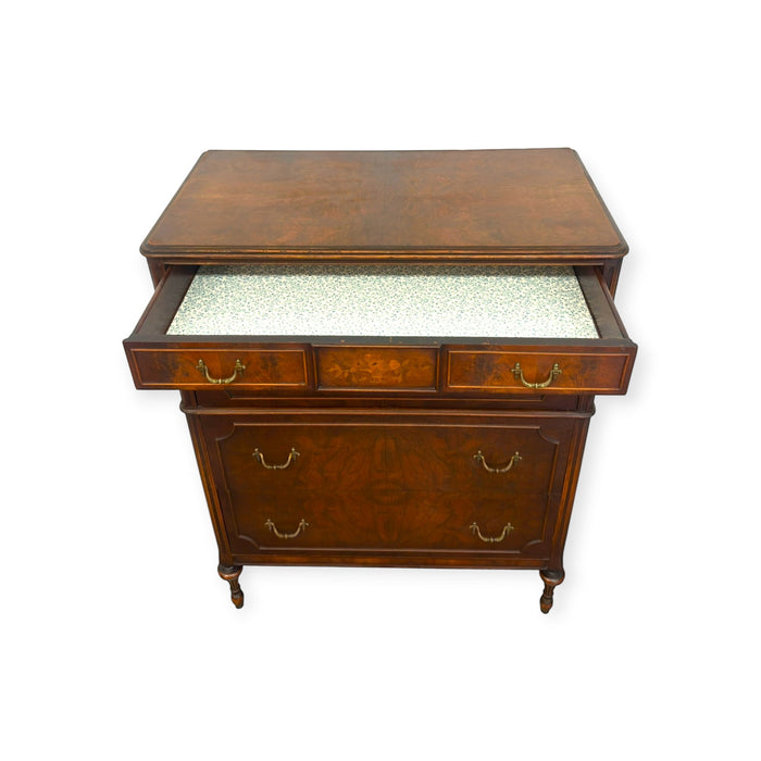Vintage Traditional Burl Wood Tallboy Dresser with Floral Inlay and Pattern-Lined Drawers.(Available by online purchase only)
