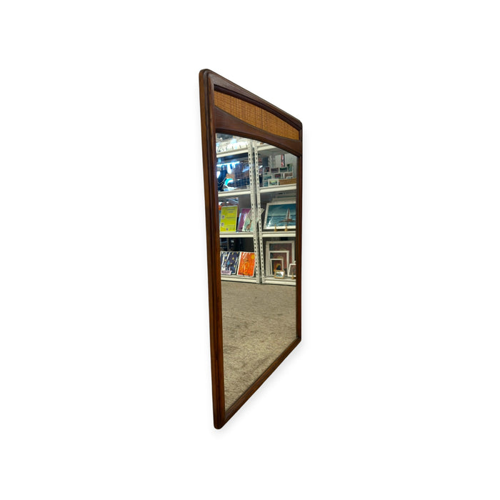 Vintage Mid-Century Modern Solid Wood Wall Mirror with Woven Cane Accent.