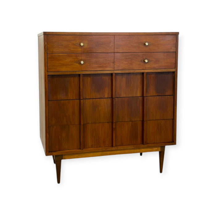 Vintage Mid-Century Modern Highboy Dresser Dovetailed Drawers Brass Finished Pulls.