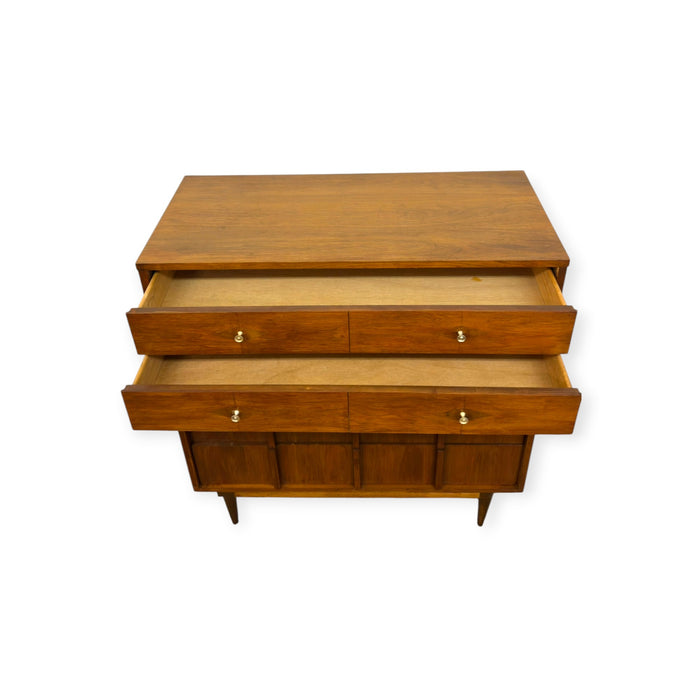 Vintage Mid-Century Modern Highboy Dresser Dovetailed Drawers Brass Finished Pulls.