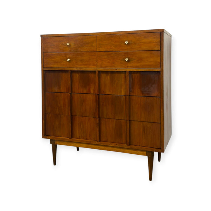 Vintage Mid-Century Modern Highboy Dresser Dovetailed Drawers Brass Finished Pulls.