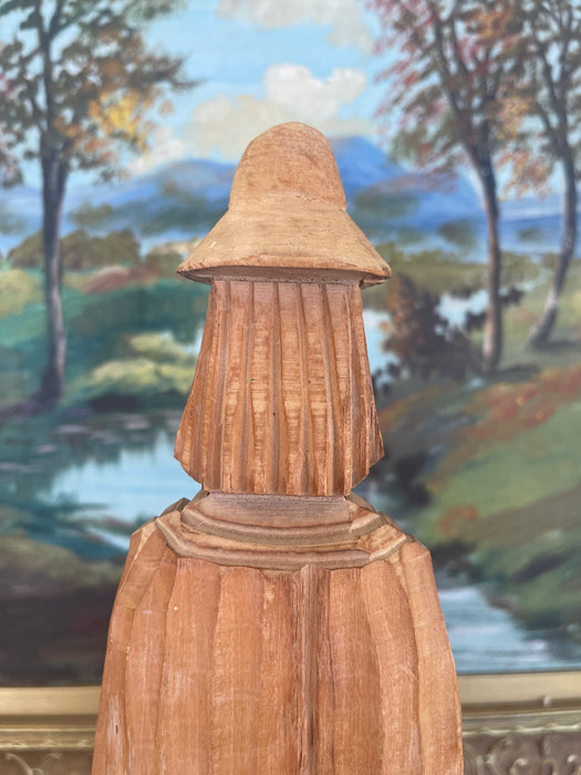 Hand-Carved Vintage Folk Art Wood Figure of Bearded Man with Hat and Carrying a Carved Object.