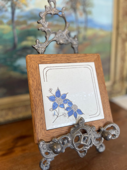 Vintage Handcrafted Ceramic Tile with Likely Oak Frame and Blue Floral Motif, Made in USA.