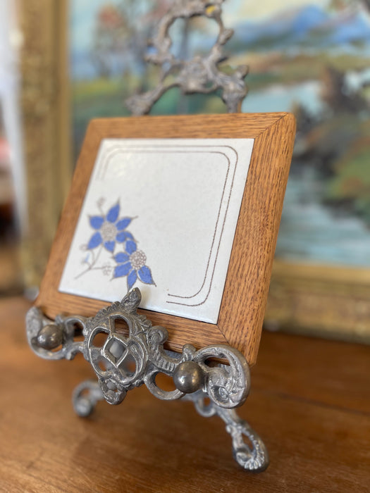 Vintage Handcrafted Ceramic Tile with Likely Oak Frame and Blue Floral Motif, Made in USA.