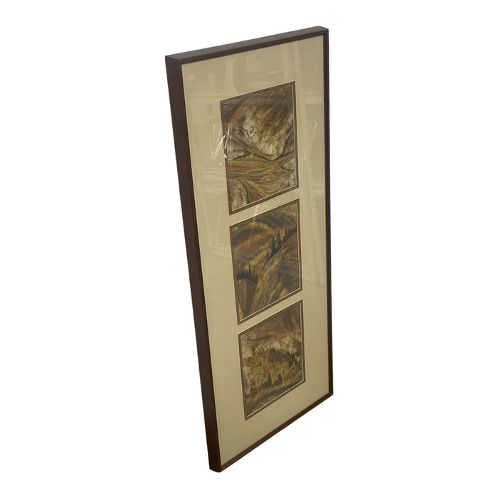 Louise "Lou" Wilson Signed Batik Art Triptych, Framed Nature and Wildlife Landscape.