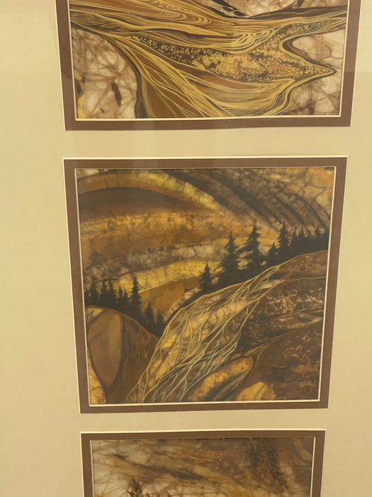 Louise "Lou" Wilson Signed Batik Art Triptych, Framed Nature and Wildlife Landscape.