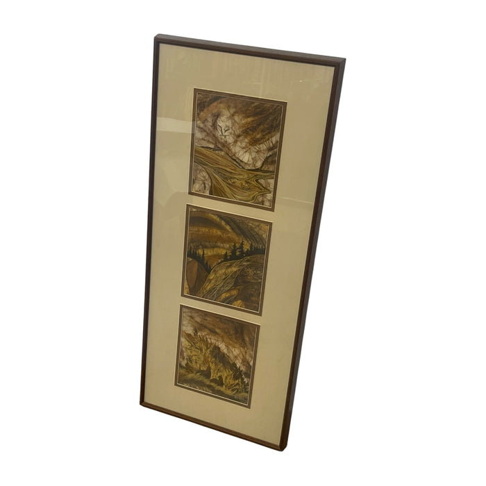 Louise "Lou" Wilson Signed Batik Art Triptych, Framed Nature and Wildlife Landscape.