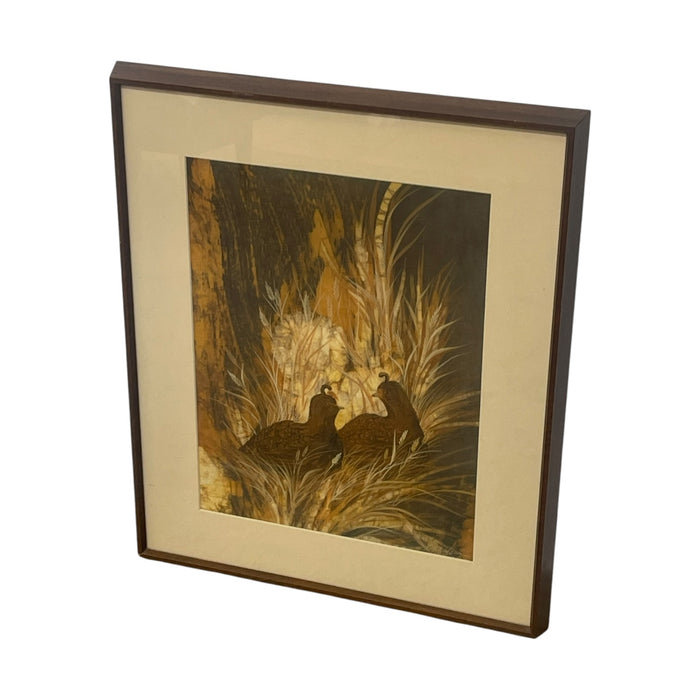 Louise "Lou" Wilson Signed Batik Art of Quail, Framed Wildlife Artwork.