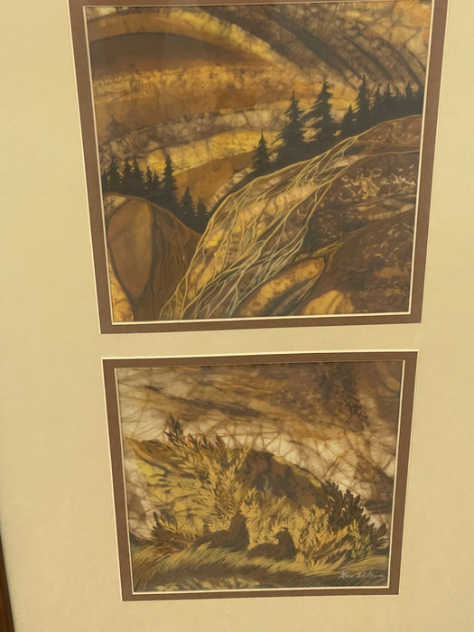 Louise "Lou" Wilson Signed Batik Art Triptych, Framed Nature and Wildlife Landscape.