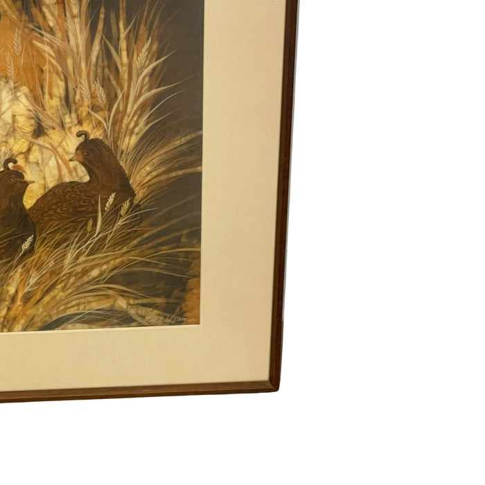 Louise "Lou" Wilson Signed Batik Art of Quail, Framed Wildlife Artwork.