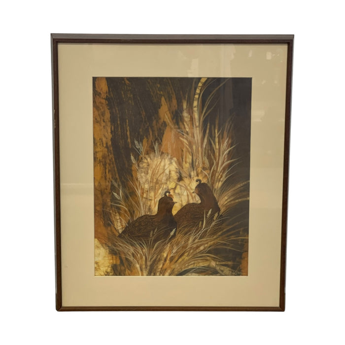 Louise "Lou" Wilson Signed Batik Art of Quail, Framed Wildlife Artwork.