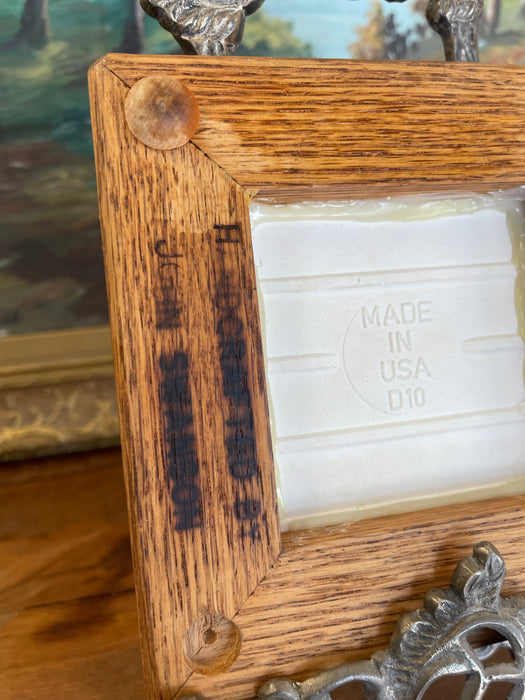 Vintage Handcrafted Ceramic Tile with Likely Oak Frame and Blue Floral Motif, Made in USA.