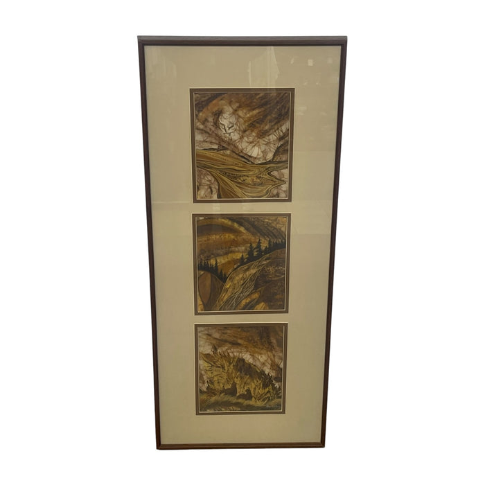 Louise "Lou" Wilson Signed Batik Art Triptych, Framed Nature and Wildlife Landscape.