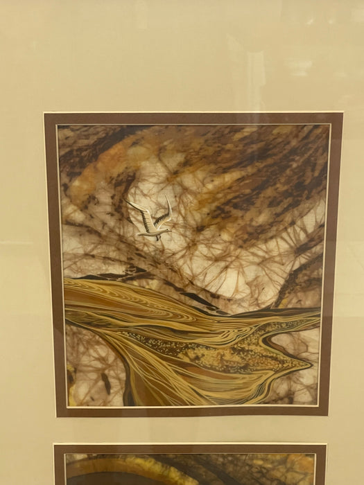 Louise "Lou" Wilson Signed Batik Art Triptych, Framed Nature and Wildlife Landscape.
