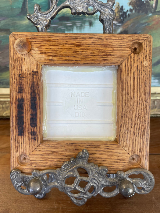 Vintage Handcrafted Ceramic Tile with Likely Oak Frame and Blue Floral Motif, Made in USA.