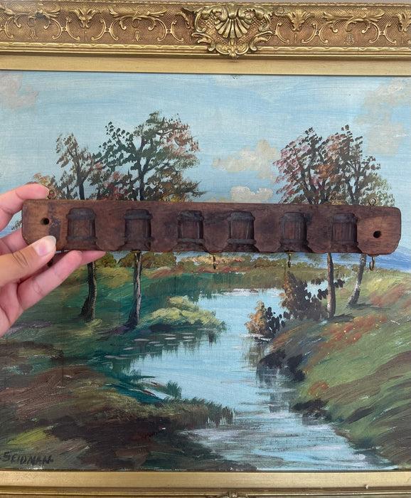 Antique Hand Carved Wooden Textile Stamp Mold Converted to Key Hook Rack.
