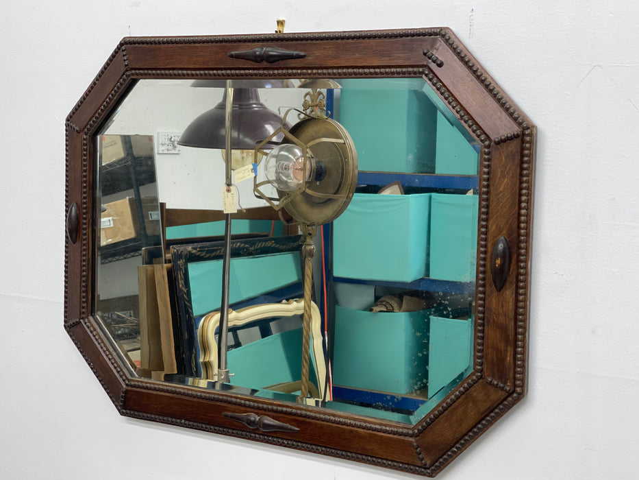 Antique Arts and Crafts Long Octagonal Beveled Oak Mirror