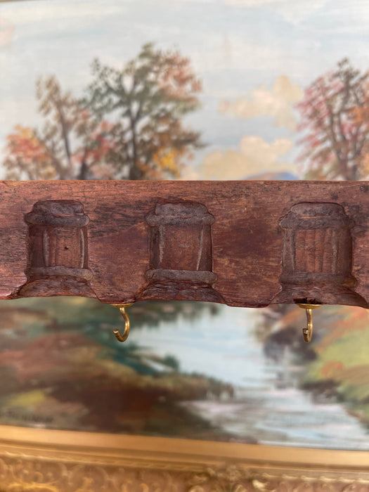 Antique Hand Carved Wooden Textile Stamp Mold Converted to Key Hook Rack.