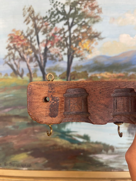 Antique Hand Carved Wooden Textile Stamp Mold Converted to Key Hook Rack.