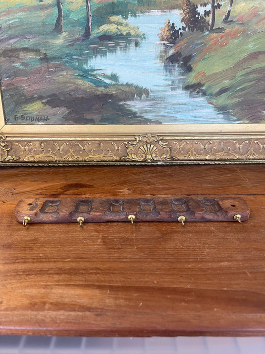 Antique Hand Carved Wooden Textile Stamp Mold Converted to Key Hook Rack.