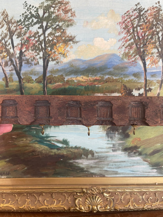 Antique Hand Carved Wooden Textile Stamp Mold Converted to Key Hook Rack.