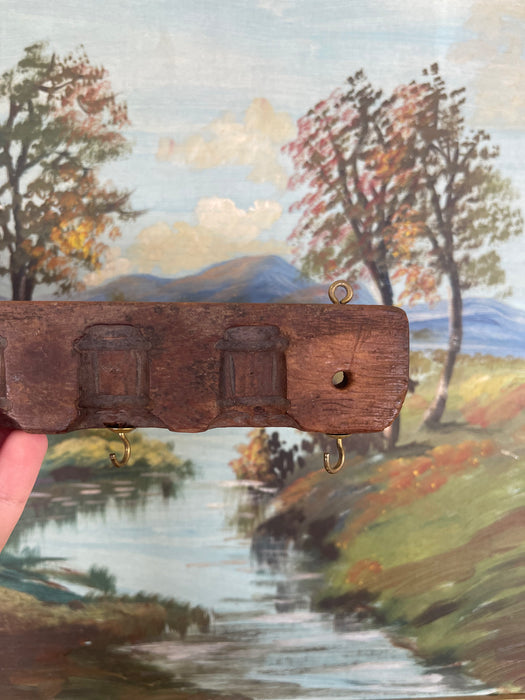 Antique Hand Carved Wooden Textile Stamp Mold Converted to Key Hook Rack.