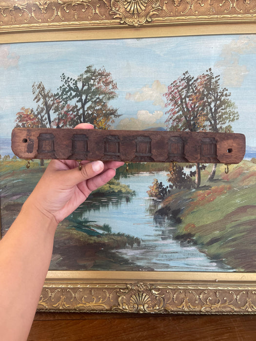 Antique Hand Carved Wooden Textile Stamp Mold Converted to Key Hook Rack.
