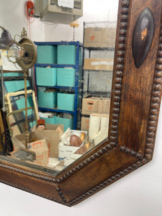 Antique Arts and Crafts Long Octagonal Beveled Oak Mirror