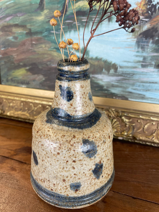 Signed Vintage Studio Pottery Vase by Matay, Hand Thrown Stoneware with Speckled Glaze and Cobalt Brush Accents.
