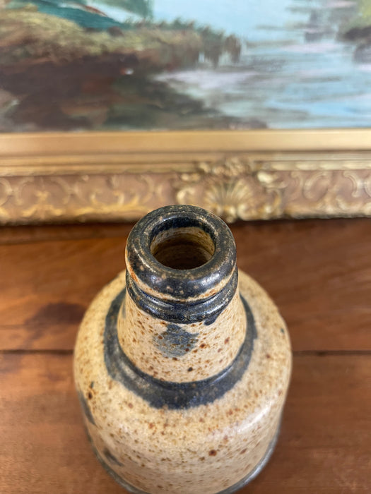 Signed Vintage Studio Pottery Vase by Matay, Hand Thrown Stoneware with Speckled Glaze and Cobalt Brush Accents.