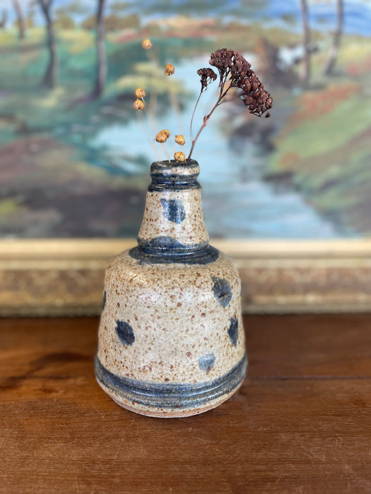 Signed Vintage Studio Pottery Vase by Matay, Hand Thrown Stoneware with Speckled Glaze and Cobalt Brush Accents.