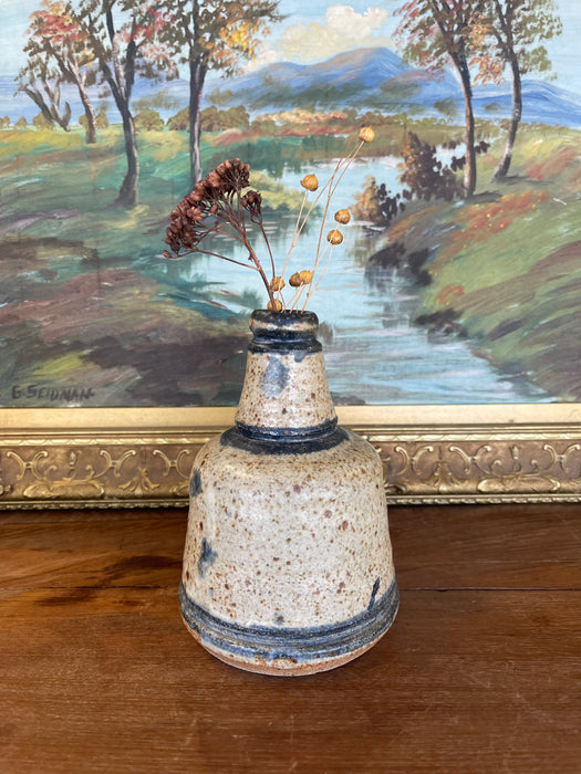 Signed Vintage Studio Pottery Vase by Matay, Hand Thrown Stoneware with Speckled Glaze and Cobalt Brush Accents.