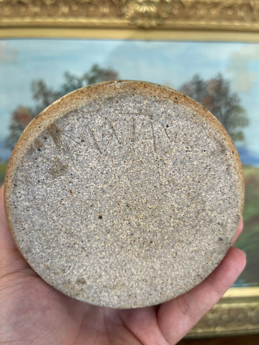 Signed Vintage Studio Pottery Vase by Matay, Hand Thrown Stoneware with Speckled Glaze and Cobalt Brush Accents.