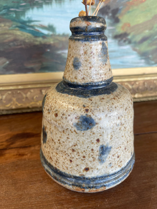 Signed Vintage Studio Pottery Vase by Matay, Hand Thrown Stoneware with Speckled Glaze and Cobalt Brush Accents.