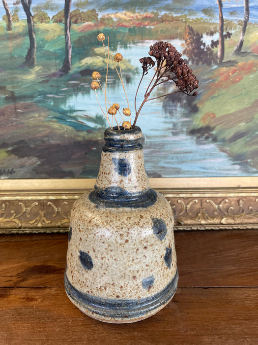 Signed Vintage Studio Pottery Vase by Matay, Hand Thrown Stoneware with Speckled Glaze and Cobalt Brush Accents.