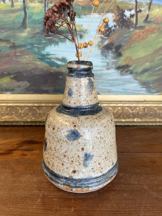 Signed Vintage Studio Pottery Vase by Matay, Hand Thrown Stoneware with Speckled Glaze and Cobalt Brush Accents.