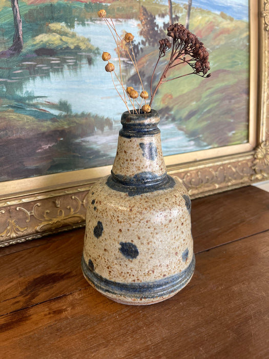 Signed Vintage Studio Pottery Vase by Matay, Hand Thrown Stoneware with Speckled Glaze and Cobalt Brush Accents.