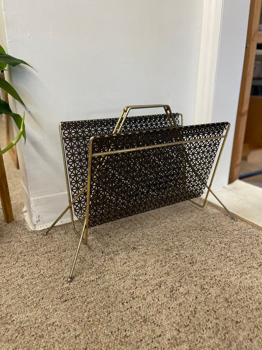 Mid-Century Modern Brass Toned and Black Enamel Metal Magazine Rack with Atomic Geometric Mesh Design