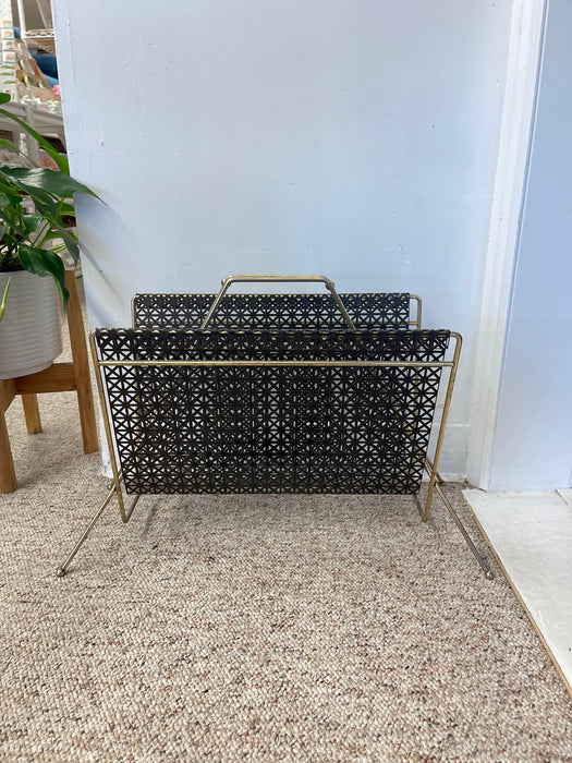 Mid-Century Modern Brass Toned and Black Enamel Metal Magazine Rack with Atomic Geometric Mesh Design
