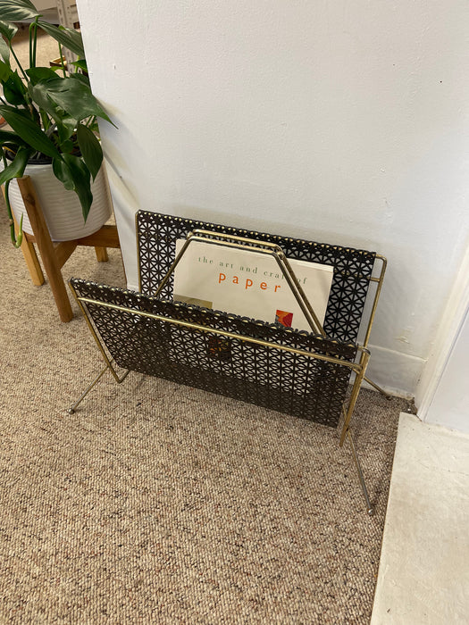 Mid-Century Modern Brass Toned and Black Enamel Metal Magazine Rack with Atomic Geometric Mesh Design